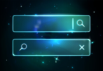 Futuristic Blur Neon Glass Search Bars. Glassmorphism screen smartphone. Transparent matt glass plates on the Cosmic Green Nebula. Abstract  blue futuristic background with black hole and stars