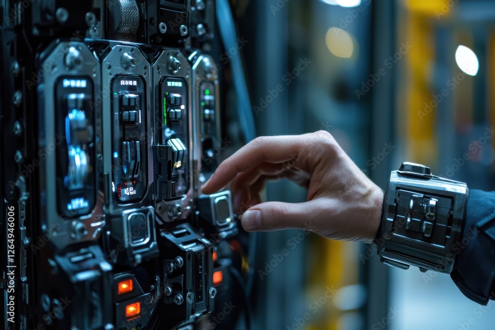 Poster futuristic control panel with hand interacting, showing advanced technology and interface, along wit