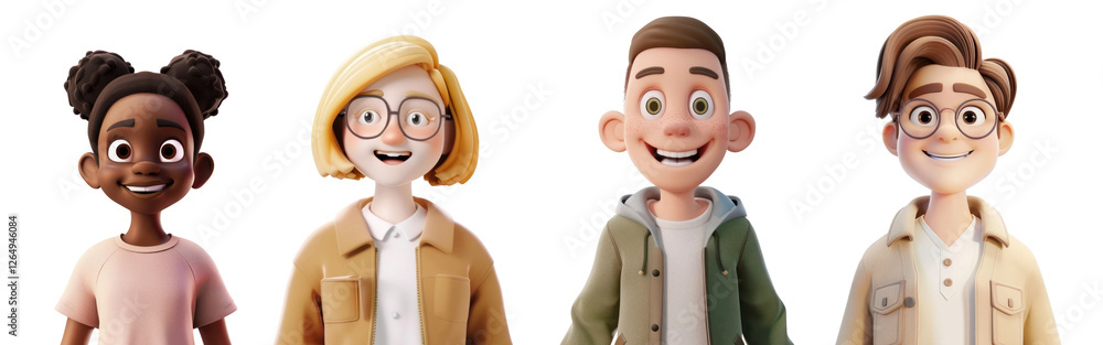 Poster png diverse animated characters smiling, element set on transparent background