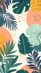 Tropical Foliage and Floral Abstract Design with Palm Leaves in Pastel Colors for Summer Vibe