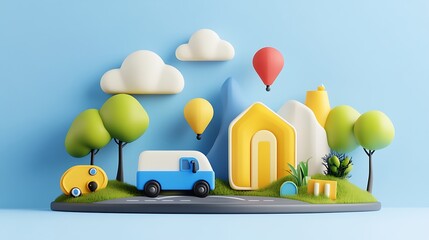 Charming 3D Render: A Whimsical Town on a Sunny Day AI Generated