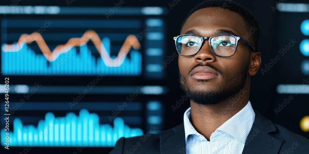 Poster a focused professional in glasses stands in front of data analytics graphs, embodying confidence and