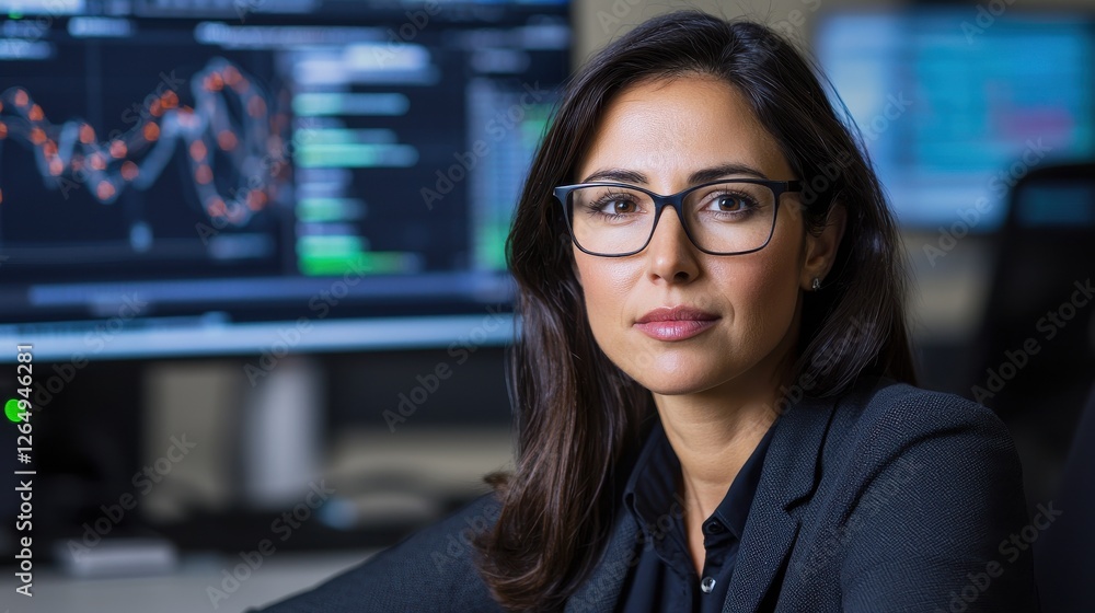 Poster professional woman wearing glasses intently analyzing data and financial information on multiple com