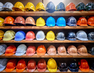 A collection of various colored hard hats on a shelf, indicating the diverse roles and safety prioritization in mining operations.