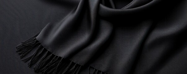 Fototapeta premium Elegant Black Scarf Draped on Soft Surface with Fringes Showcasing Texture and Style for Fashion Accessories