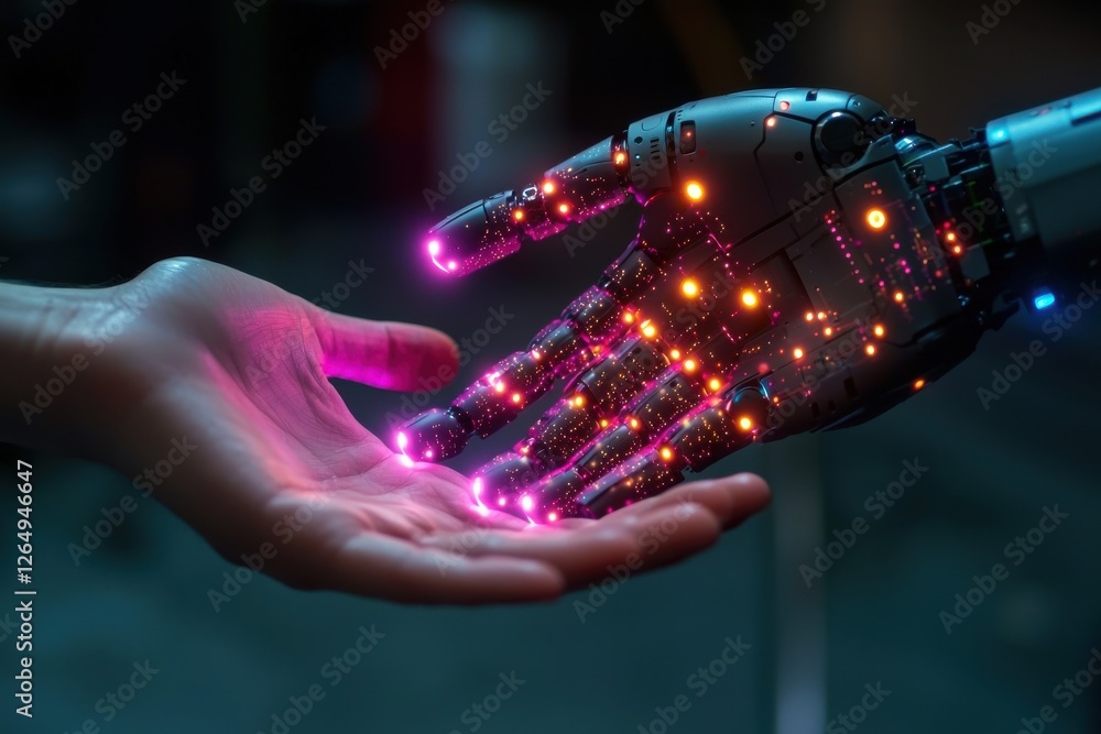 Poster a futuristic ai concept showing a robotic hand interacting with a human hand, glowing with neon ligh