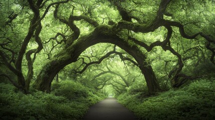 Naklejka premium Enchanting Sunlit Path Through Mossy Trees Lush Green Forest Canopy Nature Walk