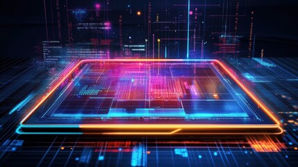 Abstract glowing digital interface with neon blue and pink lights