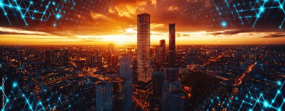Aufkleber vibrant cityscape at dusk with glowing lights and abstract digital overlay in background