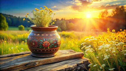 Close-up double exposure:  rough-hewn logs intertwine with the delicate patterns of ancient Ukrainian pottery.