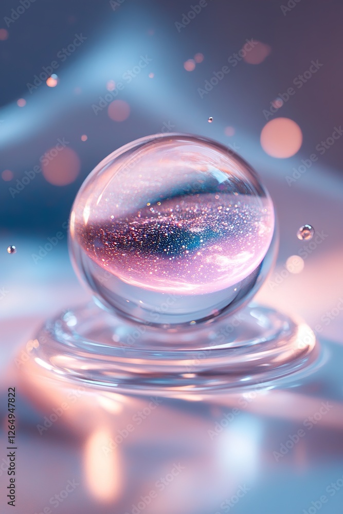 Poster a glass sphere encapsulates an entire galaxy, floating gracefully in a vibrant cosmic vortex. irides