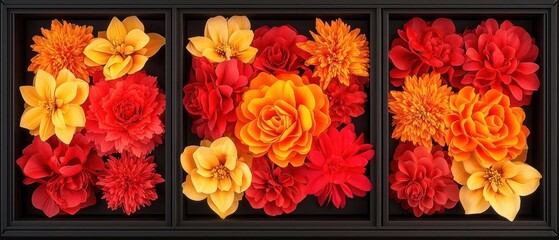 Vibrant Red Orange Yellow Flower Arrangement in Black Frames