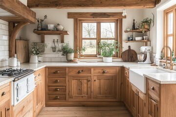 Fototapeta premium Cozy rustic kitchen with wooden cabinets and natural light in a serene home environment