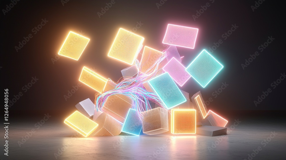 Poster neon cubes abstract ai data network digital technology futuristic background