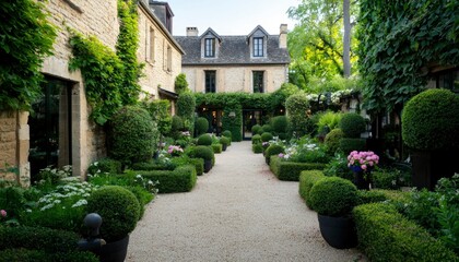 Obraz premium Quaint Garden, Stone Buildings, Gravel Path, Topiary Trees, Summer, Residential Use