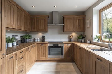 Modern kitchen with wooden cabinetry and natural light, featuring herbs and cooking tools