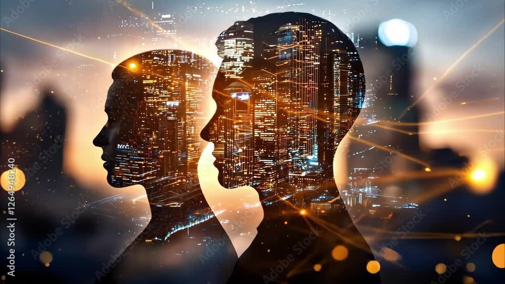Poster silhouettes of two heads overlaid with an illuminated cityscape and abstract light effects, symboliz