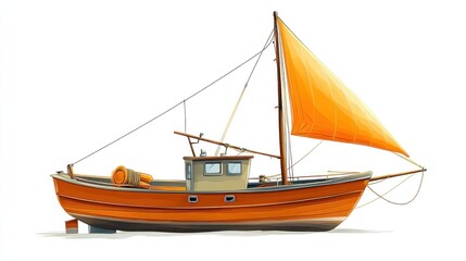 Orange fishing boat at sea, calm waters, sunny day, illustration for nautical themes