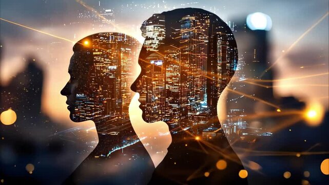 Silhouettes of two heads overlaid with an illuminated cityscape and abstract light effects, symbolizing connection and technology.
