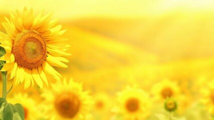 Obraz premium Sunflower on blurred sunny nature background. Horizontal agriculture summer banner with sunflowers field. Organic food production. Harvest of farm product. Oilseed crop. Copy space for text 