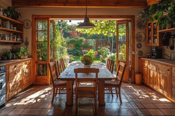 Fototapeta premium Warm and inviting kitchen with garden view during a sunny afternoon