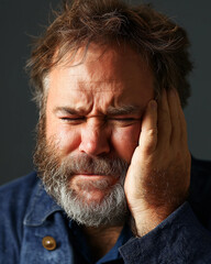 Fototapeta premium Distressed bearded man expressing physical pain with hand covering face against neutral background