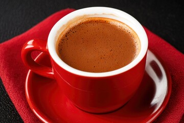 Fototapeta premium Close-up of steaming hot chocolate in a red cup on red cloth for menu use
