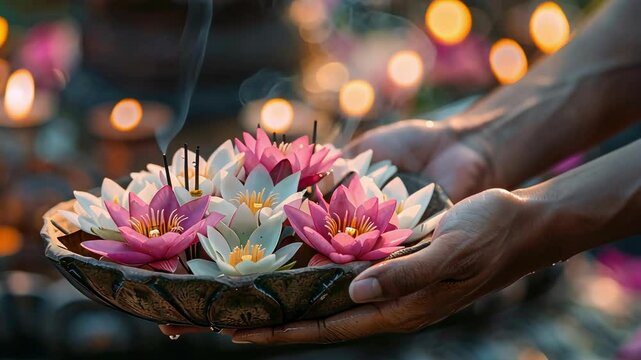 Hands hold a floating offering with pink and white lotus flowers and burning incense sticks. Vesak, Buddha Purnima