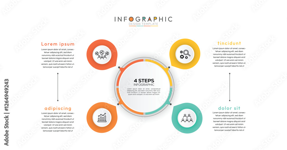 Poster 4 steps connected circles infographic, four steps are represented by complete circles, providing a s
