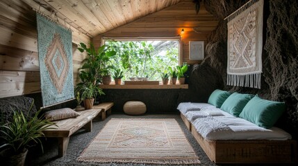 Cozy Bohemian Retreat  Wooden Cabin Interior with Plants   Rugs