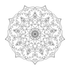 Outline round flower pattern in mehndi style for coloring book page. Antistress for adults and children. Doodle ornament in black and white. Hand draw vector illustration.