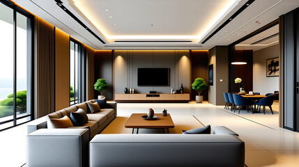 Modern Chinese style living room, super realistic rendering effect, high resolution. Interior design, decorative renderings2