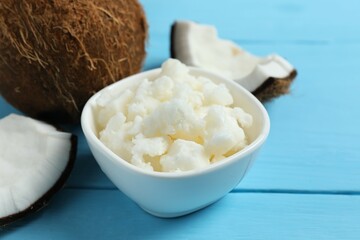 Bowl of coconut oil on table