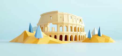 Colloseum in Rome. 3D rendering of Colloseum simple low poly origami style, web banner with copy space