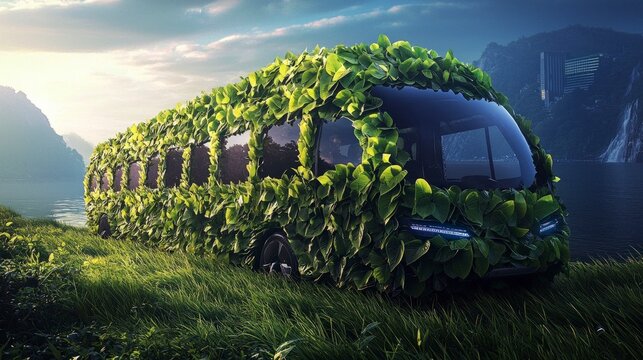 Eco Friendly Bus  Green Vehicle  Nature Transportation  Sustainable Future   Leaves Covere