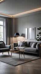 Fototapeta premium Contemporary Scandinavian lounge with gray neutral sofa sleek design elements and wide windows filling the room with natural light Modern Interior Design Inspiration