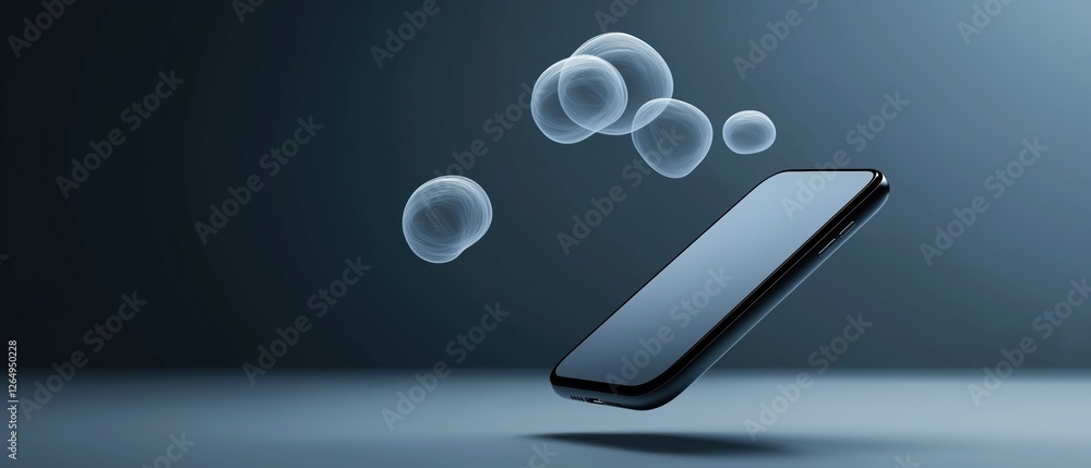 Poster black smartphone with a blank screen flying in the air. the background is a gradient of dark blue an