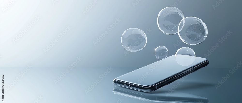 Poster smartphone with a blue background. the phone is in the center of the image and is placed on a reflec