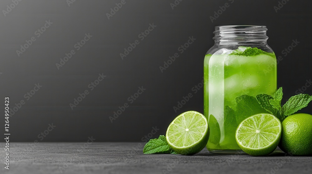 Poster refreshing lime and mint juice in a transparent glass pitcher surrounded by fresh lime slices and mi