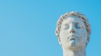 Obraz premium Ancient statue head against clear sky; serene, artistic subject; outdoor display; background focus; possible use in educational materials