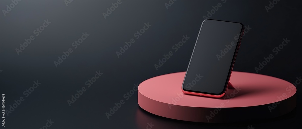 Poster smartphone with a black screen placed on a pink circular stand. the stand is placed on top of a dark