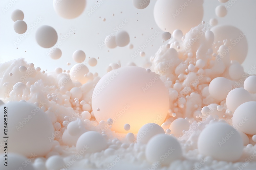 Poster floating milk droplets create a surreal environment, orbiting around a soft glowing light resembling