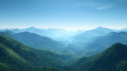 Naklejka premium Aerial View Of Lush Green Mountain Valley At Daybreak