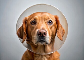 Injured Brown Dog Wearing Elizabethan Cone, Veterinary Care, Pet Recovery, Blood Stain