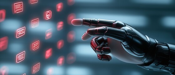 Close-up of a robotic hand with red and black accents. the hand is pointing towards a network of small red squares that are floating in the air.