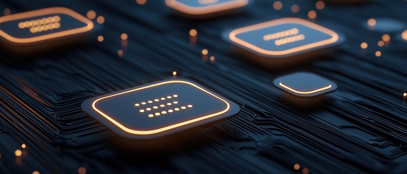 Close-up of a black circuit board with multiple orange-colored electronic components scattered across it. the components appear to be rectangular in shape and have a grid-like pattern on them.