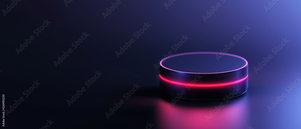 Poster 3d rendering of a round, cylindrical object with a black base and a pink and blue gradient around th