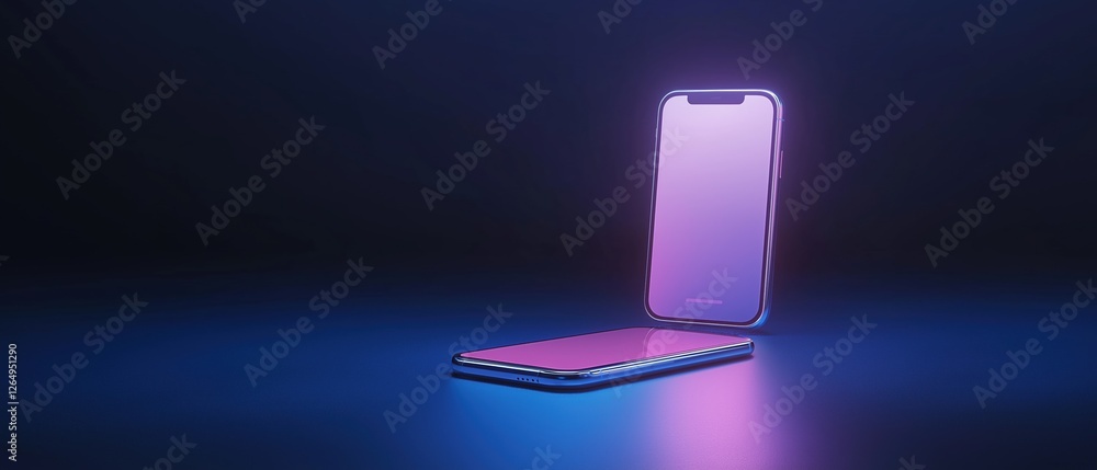 Poster smartphone with a blank screen on a dark blue background. the phone is placed on its side, with the 