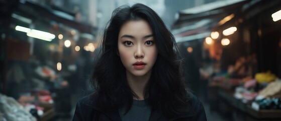 Obraz premium Portrait of a young woman with long dark hair. she is standing in an alleyway with shops on either side. the woman is looking directly at the camera with a serious expression on her face.