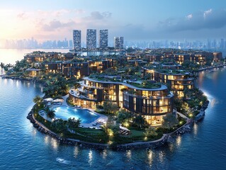 Obraz premium A luxurious waterfront resort featuring modern architecture and lush greenery at sunset.
